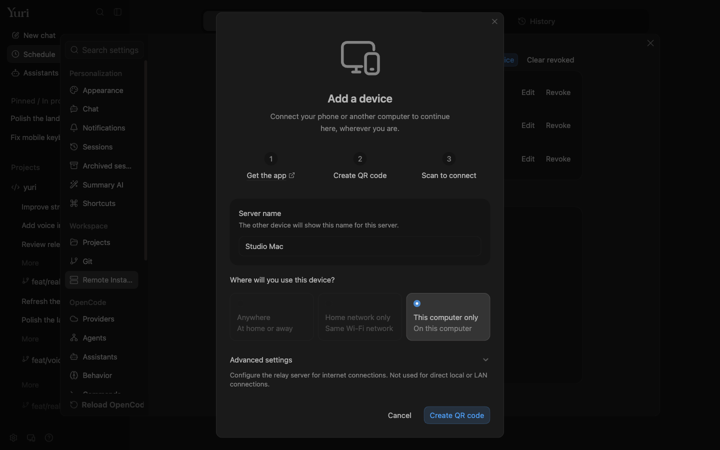Add a device by address or scan a code to connect to a Yuri server