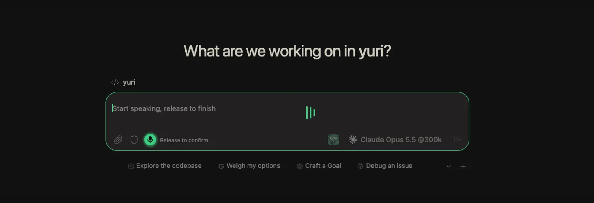 Desktop recording state with a green composer border, microphone and voice meter