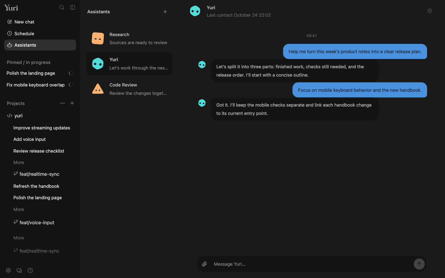 Assistant chat: the user asks it to fix CI and schedule a daily report