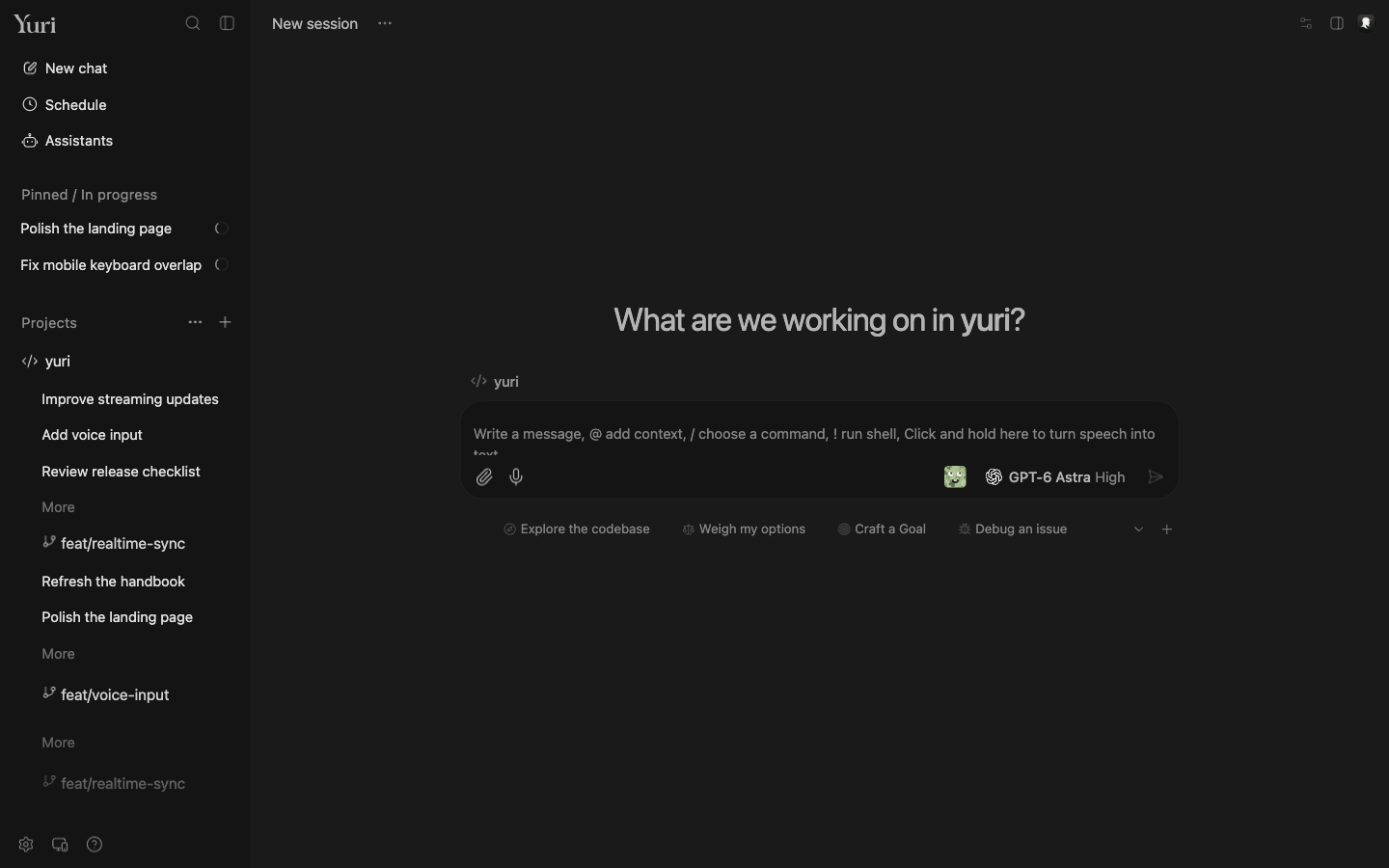 Yuri desktop: sessions in progress on the left