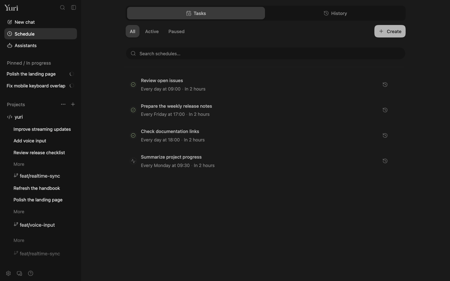 Schedule page: a list of scheduled tasks