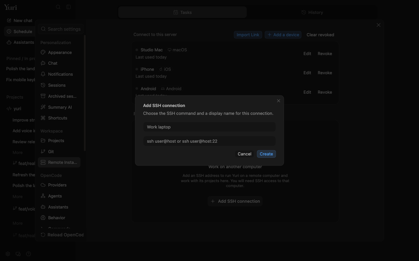 SSH connection settings in the desktop app